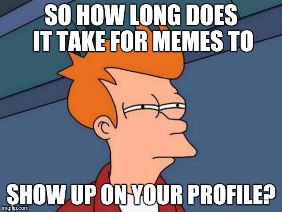 Futurama Fry | SO HOW LONG DOES IT TAKE FOR MEMES TO; SHOW UP ON YOUR PROFILE? | image tagged in memes,futurama fry | made w/ Imgflip meme maker
