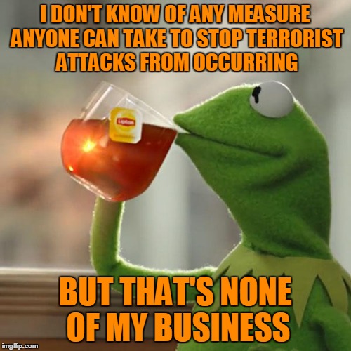But That's None Of My Business Meme | I DON'T KNOW OF ANY MEASURE ANYONE CAN TAKE TO STOP TERRORIST ATTACKS FROM OCCURRING BUT THAT'S NONE OF MY BUSINESS | image tagged in memes,but thats none of my business,kermit the frog | made w/ Imgflip meme maker