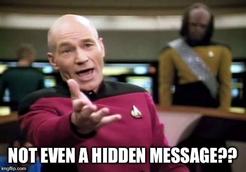 Picard Wtf Meme | NOT EVEN A HIDDEN MESSAGE?? | image tagged in memes,picard wtf | made w/ Imgflip meme maker