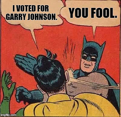 Batman Slapping Robin | I VOTED FOR GARRY JOHNSON. YOU FOOL. | image tagged in memes,batman slapping robin | made w/ Imgflip meme maker