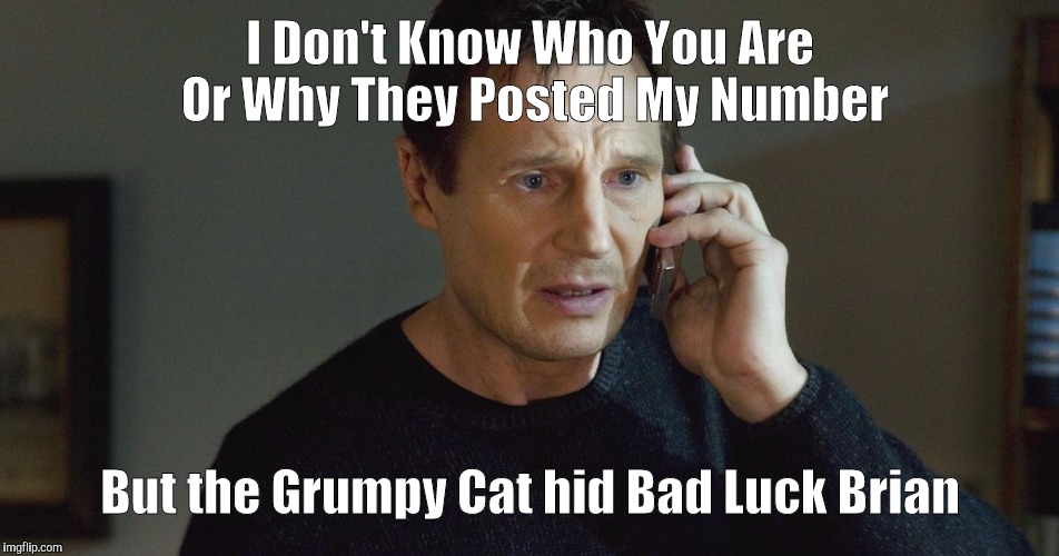 I Don't Know Who You Are... | I Don't Know Who You Are Or Why They Posted My Number But the Grumpy Cat hid Bad Luck Brian | image tagged in i don't know who you are | made w/ Imgflip meme maker