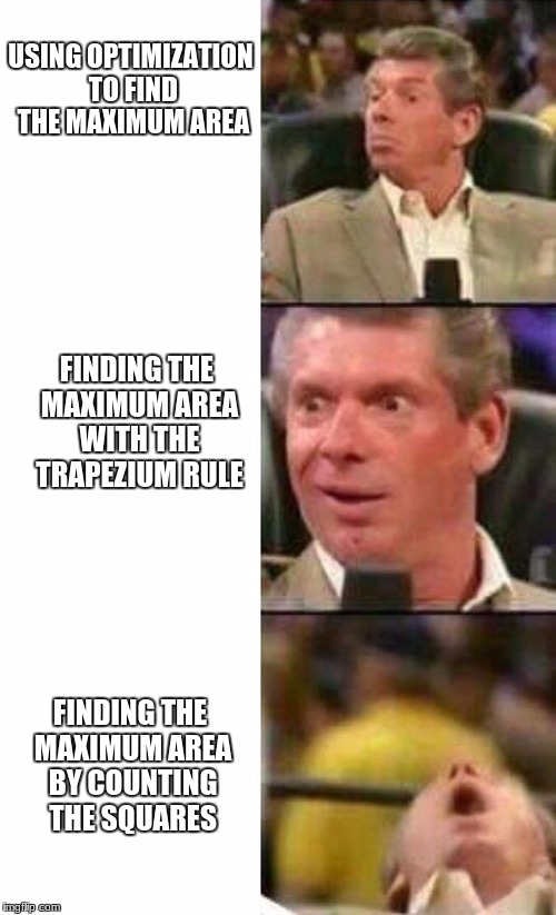 Vince McMahon  | USING OPTIMIZATION TO FIND THE MAXIMUM AREA; FINDING THE MAXIMUM AREA WITH THE TRAPEZIUM RULE; FINDING THE MAXIMUM AREA BY COUNTING THE SQUARES | image tagged in vince mcmahon | made w/ Imgflip meme maker