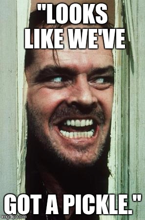 Here's Johnny Meme | "LOOKS LIKE WE'VE; GOT A PICKLE." | image tagged in memes,heres johnny | made w/ Imgflip meme maker