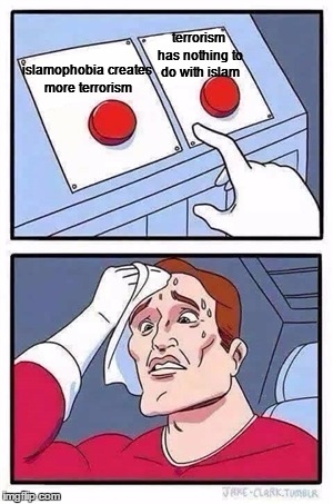 Two Buttons Meme | terrorism has nothing to do with islam; islamophobia creates more terrorism | image tagged in two buttons | made w/ Imgflip meme maker