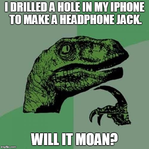 Philosoraptor | I DRILLED A HOLE IN MY IPHONE TO MAKE A HEADPHONE JACK. WILL IT MOAN? | image tagged in memes,philosoraptor | made w/ Imgflip meme maker
