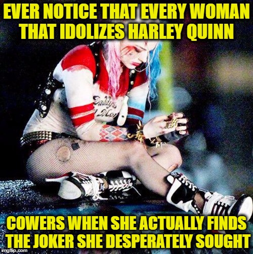 Harley Quinn Sad | EVER NOTICE THAT EVERY WOMAN THAT IDOLIZES HARLEY QUINN; COWERS WHEN SHE ACTUALLY FINDS THE JOKER SHE DESPERATELY SOUGHT | image tagged in harley quinn sad | made w/ Imgflip meme maker