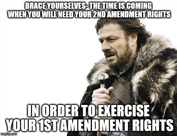 Brace Yourselves X is Coming Meme | BRACE YOURSELVES- THE TIME IS COMING WHEN YOU WILL NEED YOUR 2ND AMENDMENT RIGHTS; IN ORDER TO EXERCISE YOUR 1ST AMENDMENT RIGHTS | image tagged in memes,brace yourselves x is coming | made w/ Imgflip meme maker