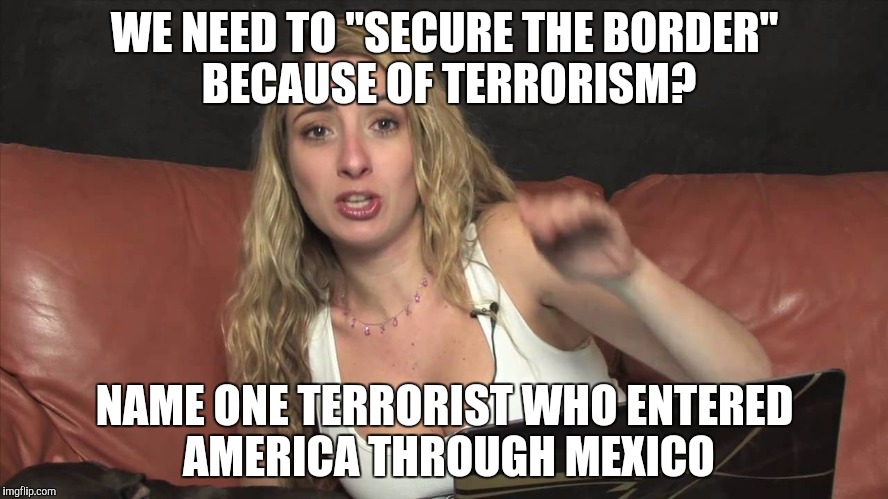 Lauren Francesca | WE NEED TO "SECURE THE BORDER" BECAUSE OF TERRORISM? NAME ONE TERRORIST WHO ENTERED AMERICA THROUGH MEXICO | image tagged in lauren francesca | made w/ Imgflip meme maker