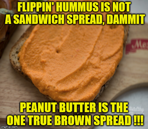 Hummus and bread sandwich?!? just...stop! | FLIPPIN' HUMMUS IS NOT A SANDWICH SPREAD, DAMMIT; PEANUT BUTTER IS THE ONE TRUE BROWN SPREAD !!! | image tagged in hummus,sandwich,peanut butter | made w/ Imgflip meme maker