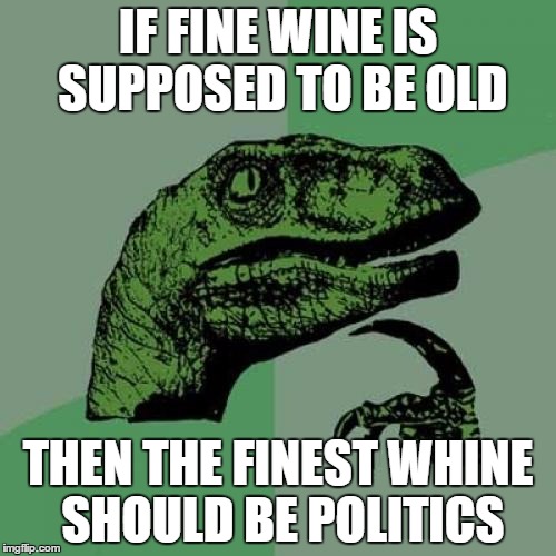 Philosoraptor | IF FINE WINE IS SUPPOSED TO BE OLD; THEN THE FINEST WHINE SHOULD BE POLITICS | image tagged in memes,philosoraptor | made w/ Imgflip meme maker