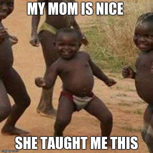 Third World Success Kid Meme | MY MOM IS NICE; SHE TAUGHT ME THIS | image tagged in memes,third world success kid | made w/ Imgflip meme maker