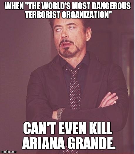 Great job, Daesh. | WHEN "THE WORLD'S MOST DANGEROUS TERRORIST ORGANIZATION"; CAN'T EVEN KILL ARIANA GRANDE. | image tagged in memes,face you make robert downey jr | made w/ Imgflip meme maker