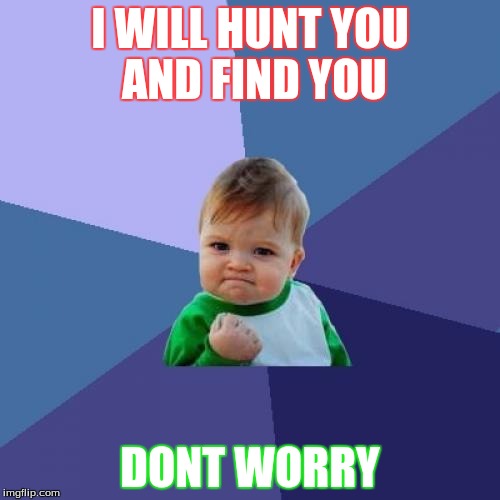 im coming | I WILL HUNT YOU AND FIND YOU; DONT WORRY | image tagged in memes,success kid | made w/ Imgflip meme maker