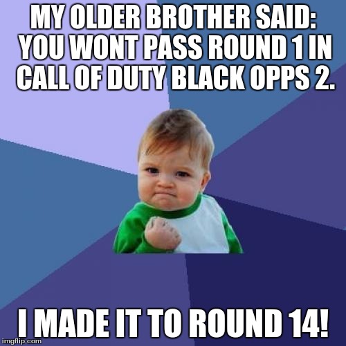 Success Kid | MY OLDER BROTHER SAID: YOU WONT PASS ROUND 1 IN CALL OF DUTY BLACK OPPS 2. I MADE IT TO ROUND 14! | image tagged in memes,success kid | made w/ Imgflip meme maker