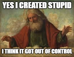 god | YES I CREATED STUPID; I THINK IT GOT OUT OF CONTROL | image tagged in god | made w/ Imgflip meme maker