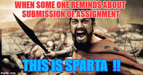 Sparta Leonidas Meme | WHEN SOME ONE REMINDS ABOUT SUBMISSION OF ASSIGNMENT; THIS IS SPARTA  !! | image tagged in memes,sparta leonidas | made w/ Imgflip meme maker