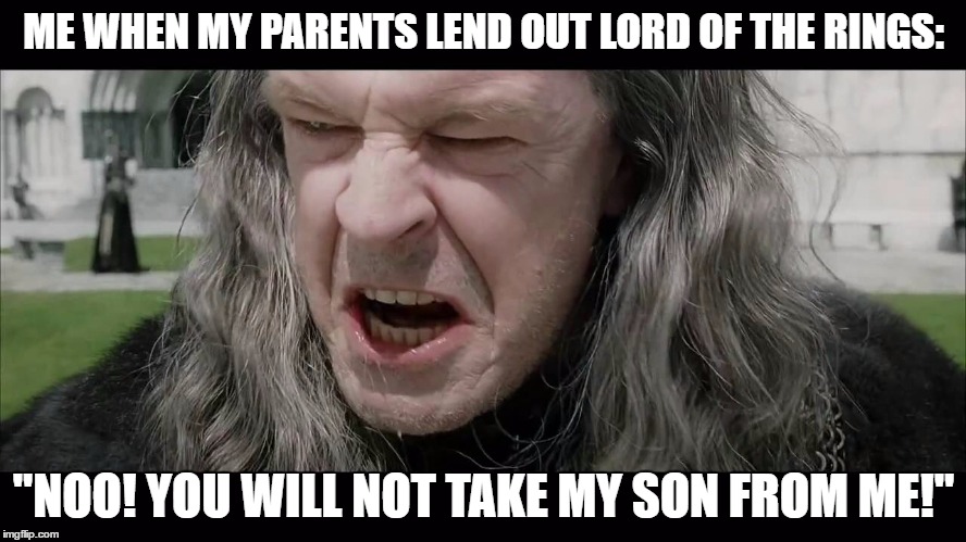 Losing your Lord of the Rings DVDs for any period of time is somewhat hard to take.  | ME WHEN MY PARENTS LEND OUT LORD OF THE RINGS:; "NOO! YOU WILL NOT TAKE MY SON FROM ME!" | image tagged in lord of the rings,the lord of the rings,denethor,dvd,parents,scumbag parents | made w/ Imgflip meme maker