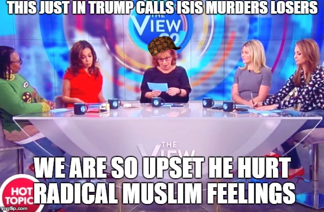 THIS JUST IN TRUMP CALLS ISIS MURDERS LOSERS; WE ARE SO UPSET HE HURT RADICAL MUSLIM FEELINGS | image tagged in view,scumbag | made w/ Imgflip meme maker