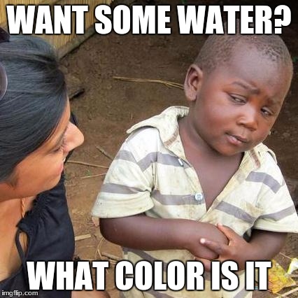 Third World Skeptical Kid | WANT SOME WATER? WHAT COLOR IS IT | image tagged in memes,third world skeptical kid | made w/ Imgflip meme maker