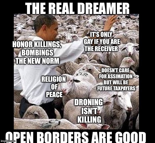 Obama sheeple | THE REAL DREAMER; IT'S ONLY GAY IF YOU ARE THE RECEIVER; HONOR KILLINGS, BOMBINGS THE NEW NORM; DOESN'T CARE FOR ASSIMATION BUT WILL BE  FUTURE TAXPAYERS; RELIGION OF PEACE; DRONING ISN'T KILLING; OPEN BORDERS ARE GOOD | image tagged in obama sheeple | made w/ Imgflip meme maker