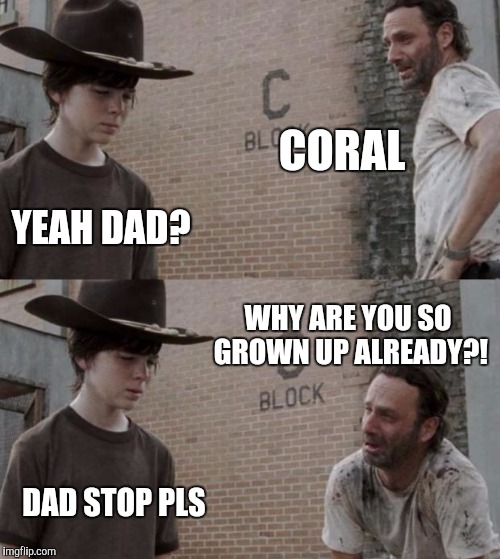 Rick and Carl | CORAL; YEAH DAD? WHY ARE YOU SO GROWN UP ALREADY?! DAD STOP
PLS | image tagged in memes,rick and carl | made w/ Imgflip meme maker