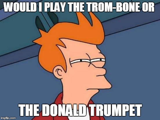 Futurama Fry Meme | WOULD I PLAY THE TROM-BONE OR; THE DONALD TRUMPET | image tagged in memes,futurama fry | made w/ Imgflip meme maker