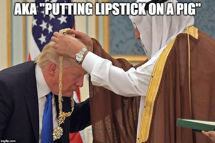 AKA "PUTTING LIPSTICK ON A PIG" | image tagged in putting lipstick on a pig | made w/ Imgflip meme maker
