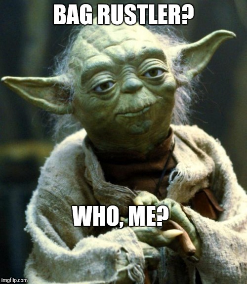 Star Wars Yoda Meme | BAG RUSTLER? WHO, ME? | image tagged in memes,star wars yoda | made w/ Imgflip meme maker