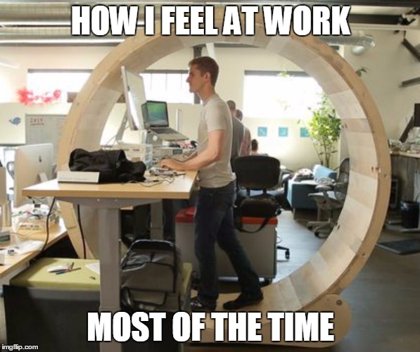 How Meaningless Tasks Feel | HOW I FEEL AT WORK; MOST OF THE TIME | image tagged in hamster wheel desk,memes | made w/ Imgflip meme maker