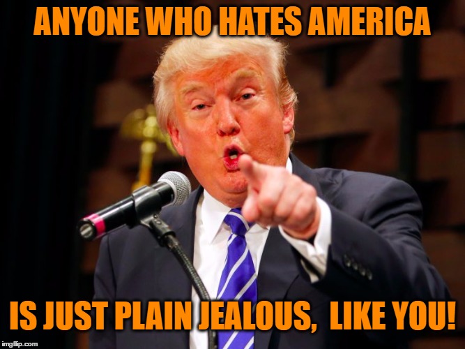 trump point | ANYONE WHO HATES AMERICA IS JUST PLAIN JEALOUS,  LIKE YOU! | image tagged in trump point | made w/ Imgflip meme maker