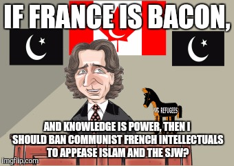 IF FRANCE IS BACON, AND KNOWLEDGE IS POWER, THEN I SHOULD BAN COMMUNIST FRENCH INTELLECTUALS TO APPEASE ISLAM AND THE SJW? | made w/ Imgflip meme maker