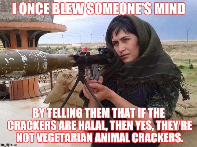 I ONCE BLEW SOMEONE'S MIND BY TELLING THEM THAT IF THE CRACKERS ARE HALAL, THEN YES, THEY'RE NOT VEGETARIAN ANIMAL CRACKERS. | made w/ Imgflip meme maker