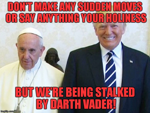 That's what it looked like to me! | DON'T MAKE ANY SUDDEN MOVES OR SAY ANYTHING YOUR HOLINESS; BUT WE'RE BEING STALKED BY DARTH VADER! | image tagged in trump  pope,darth vader,optical illusion | made w/ Imgflip meme maker