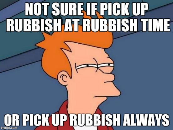 Futurama Fry | NOT SURE IF PICK UP RUBBISH AT RUBBISH TIME; OR PICK UP RUBBISH ALWAYS | image tagged in memes,futurama fry | made w/ Imgflip meme maker