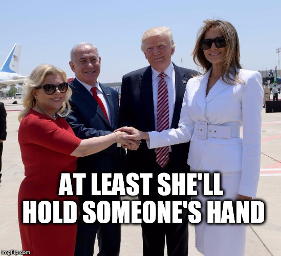 Just not the Cheeto. | AT LEAST SHE'LL HOLD SOMEONE'S HAND | image tagged in melania trump,trump,holding hands | made w/ Imgflip meme maker