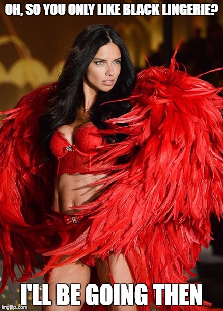 Red is Her Color | OH, SO YOU ONLY LIKE BLACK LINGERIE? I'LL BE GOING THEN | image tagged in adriana lima,memes | made w/ Imgflip meme maker