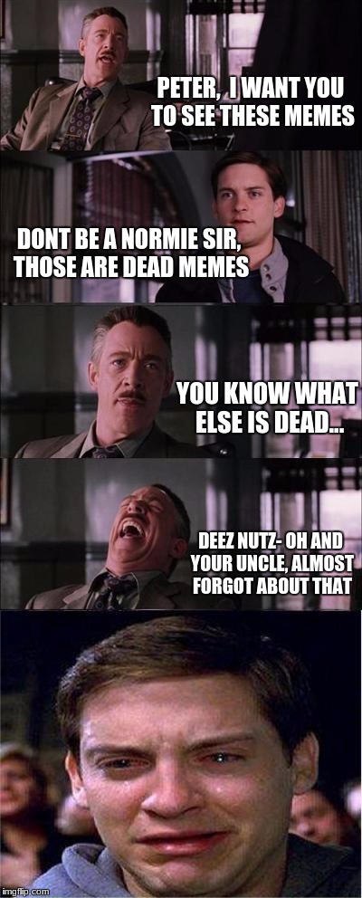 Peter Parker Cry Meme | PETER,  I WANT YOU TO SEE THESE MEMES; DONT BE A NORMIE SIR, THOSE ARE DEAD MEMES; YOU KNOW WHAT ELSE IS DEAD... DEEZ NUTZ- OH AND YOUR UNCLE, ALMOST FORGOT ABOUT THAT | image tagged in memes,peter parker cry | made w/ Imgflip meme maker