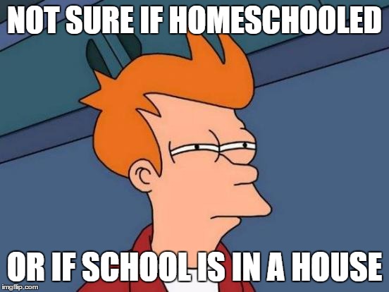 Futurama Fry Meme | NOT SURE IF HOMESCHOOLED OR IF SCHOOL IS IN A HOUSE | image tagged in memes,futurama fry | made w/ Imgflip meme maker