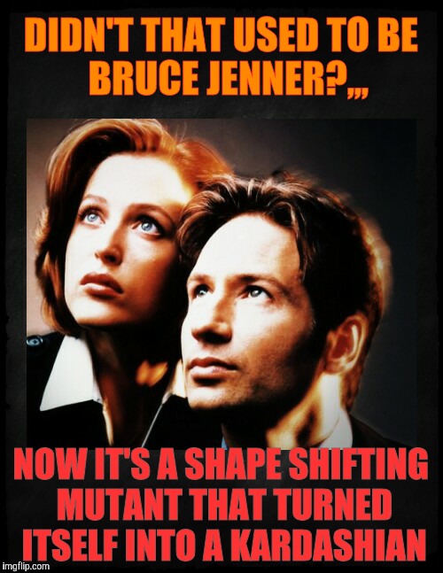 Mulder and Scully gaze to whatever,,, | DIDN'T THAT USED TO BE       BRUCE JENNER?,,, NOW IT'S A SHAPE SHIFTING MUTANT THAT TURNED ITSELF INTO A KARDASHIAN | image tagged in mulder and scully gaze to whatever   | made w/ Imgflip meme maker