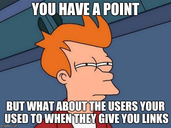 Futurama Fry Meme | YOU HAVE A POINT BUT WHAT ABOUT THE USERS YOUR USED TO WHEN THEY GIVE YOU LINKS | image tagged in memes,futurama fry | made w/ Imgflip meme maker
