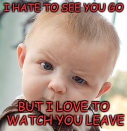 Skeptical Baby | I HATE TO SEE YOU GO; BUT I LOVE TO WATCH YOU LEAVE | image tagged in memes,skeptical baby | made w/ Imgflip meme maker
