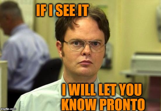 dwight | IF I SEE IT I WILL LET YOU KNOW PRONTO | image tagged in dwight | made w/ Imgflip meme maker