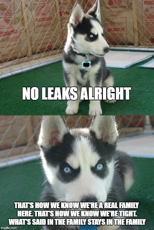 Insanity Puppy Channels Paul Ryan  | NO LEAKS ALRIGHT; THAT'S HOW WE KNOW WE'RE A REAL FAMILY HERE. THAT'S HOW WE KNOW WE'RE TIGHT. WHAT'S SAID IN THE FAMILY STAYS IN THE FAMILY | image tagged in memes,insanity puppy | made w/ Imgflip meme maker