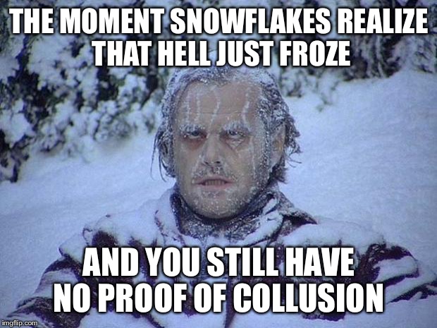 I'm So Cold | THE MOMENT SNOWFLAKES REALIZE THAT HELL JUST FROZE; AND YOU STILL HAVE NO PROOF OF COLLUSION | image tagged in memes,jack nicholson the shining snow | made w/ Imgflip meme maker
