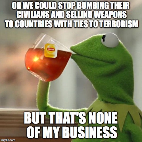But That's None Of My Business Meme | OR WE COULD STOP BOMBING THEIR CIVILIANS AND SELLING WEAPONS TO COUNTRIES WITH TIES TO TERRORISM BUT THAT'S NONE OF MY BUSINESS | image tagged in memes,but thats none of my business,kermit the frog | made w/ Imgflip meme maker