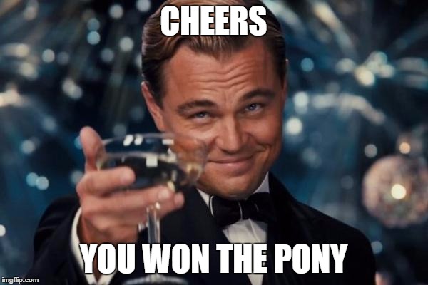 Leonardo Dicaprio Cheers Meme | CHEERS YOU WON THE PONY | image tagged in memes,leonardo dicaprio cheers | made w/ Imgflip meme maker