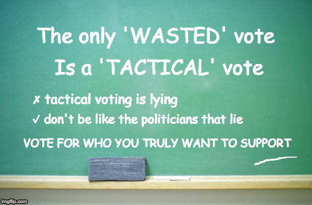 Tactical Voting | The only 'WASTED' vote; Is a 'TACTICAL' vote; ✗ tactical voting is lying; ⎷ don't be like the politicians that lie; VOTE FOR WHO YOU TRULY WANT TO SUPPORT | image tagged in blank chalkboard,voting,tactical voting,wasted voting,election,democracy | made w/ Imgflip meme maker