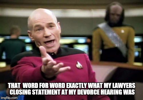 Picard Wtf Meme | THAT  WORD FOR WORD EXACTLY WHAT MY LAWYERS CLOSING STATEMENT AT MY DEVORCE HEARING WAS | image tagged in memes,picard wtf | made w/ Imgflip meme maker