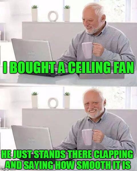 Yes you can slap me now | I BOUGHT A CEILING FAN; HE JUST STANDS THERE CLAPPING AND SAYING HOW SMOOTH IT IS | image tagged in memes,hide the pain harold,bad pun | made w/ Imgflip meme maker