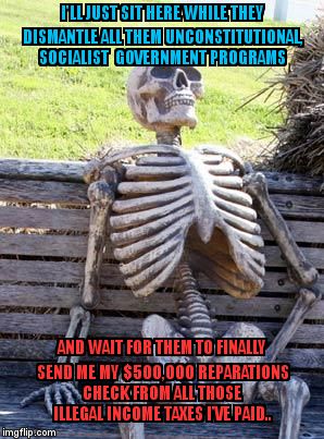 Waiting Skeleton | I'LL JUST SIT HERE WHILE THEY DISMANTLE ALL THEM UNCONSTITUTIONAL, SOCIALIST  GOVERNMENT PROGRAMS; AND WAIT FOR THEM TO FINALLY SEND ME MY $500,000 REPARATIONS CHECK FROM ALL THOSE ILLEGAL INCOME TAXES I'VE PAID.. | image tagged in memes,waiting skeleton | made w/ Imgflip meme maker